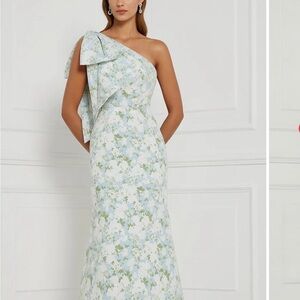 One-Shoulder Floral Gown in Light Blue and Sage